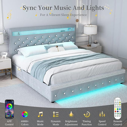 Full Led Bed Frame with 2 Drawers, Platform Bed Frame Full Size with Storage and Adjustable Upholstered Button Tufted Headboard, Noise-Free, Solid & Stable, No Box Spring Needed, Velvet Grey