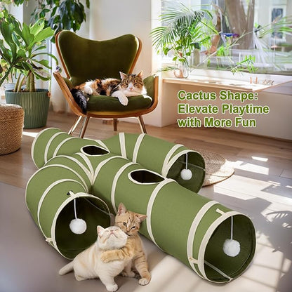 Ownpets Cactus Cat Tunnel 12" with Peek Holes for Indoor Large Cat, Green | Durable Oxford fabric, noise-free, foldable & connectable, multi-cat friendly, tube for cats up to 20lb, includes ball & wand