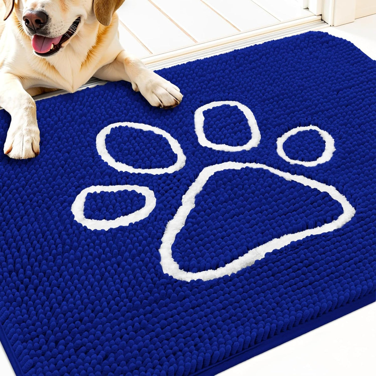 OLANLY Door Mat for Muddy Dog Paws 30x20, Ultra Absorbent Chenille Mud Doormat with Paw Print Design, Non-Slip Washable Doormat for Indoor Entryway, Quick-Dry Pet Bed Mats for Dirty Dogs, Royal Blue