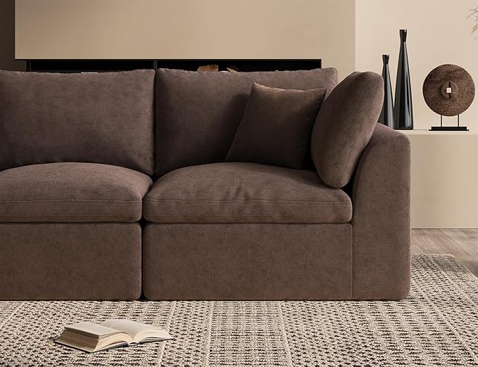ohllob 110" Cloud Sectional Couches for Living Room, Boneless L-Shape Couch with Ottoman, 3 Seater Modular Sectional Sofa, Brown
