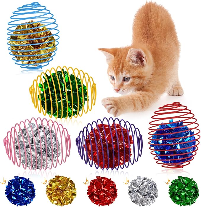 Jecery 5 Pcs Halloween Cat Spring Balls Toys Stretchable Rolling Balls Colorful Playful Coils Interactive Spring Action Toy Caged Rats for Kitten Cat Pet Supplies(Crinkle Ball,Multicolor,5 Pcs)