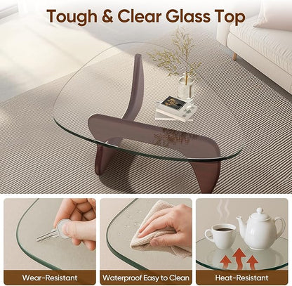 Triangle Glass Coffee Table with Solid Wood Base, 0.8'' Thick Clear Glass Top, 51'' Width Mid Century Modern Coffee Table for Living Room Bedroom Reception (Dark Walnut)