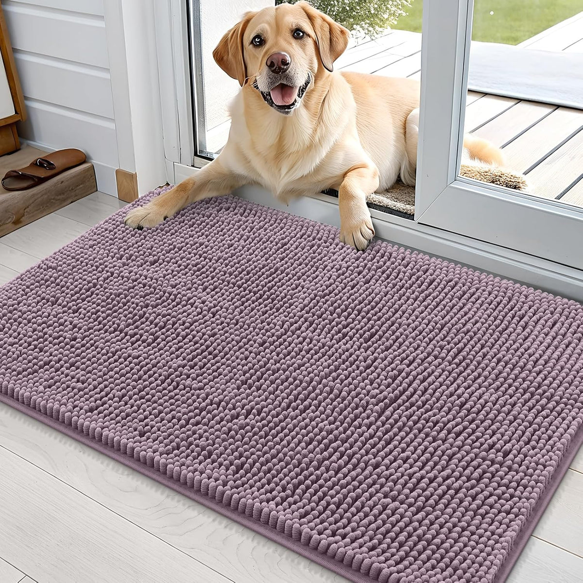 OLANLY Dog Door Mat for Muddy Paws 36x24, Absorbs Moisture and Dirt, Absorbent Non-Slip Washable Doormat, Quick Dry Chenille Mud Mat for Dogs, Entry Indoor Entryway Carpet for Inside Floor, Deep Plum
