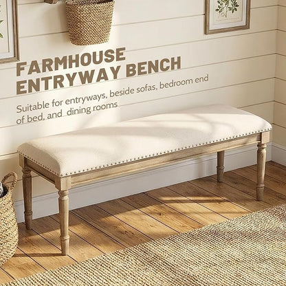chairus Farmhouse Dining Bench 46" Wooden Entryway Bench with Padded Seat and Nailhead Trim for Kitchen Bedroom,Indoor and Hallway, Beige Linen