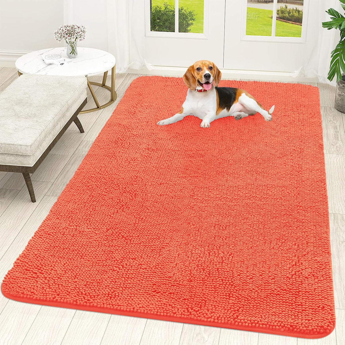 OLANLY Dog Door Mat for Muddy Paws 70x46, Absorbs Moisture and Dirt, Absorbent Non-Slip Washable Doormat, Quick Dry Chenille Mud Mat for Dogs, Entry Indoor Entryway Carpet for Inside Floor, Coral