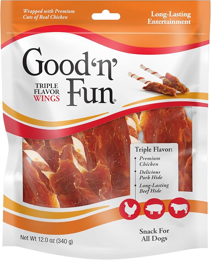 Good ‘n’ Fun Triple Flavor Wings Chews for All Dogs, 12 Ounces, Treat Your Dog to Long-Lasting Chews Made with Chicken, Pork Hide and Beef Hide
