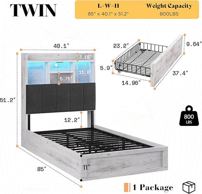 Twin Farmhouse Bed Frame with Bookcase Headboard and 4 Drawers, LED Storage Bed with Charging Station & Linen Upholstered, No Box Spring Needed, Distressed White