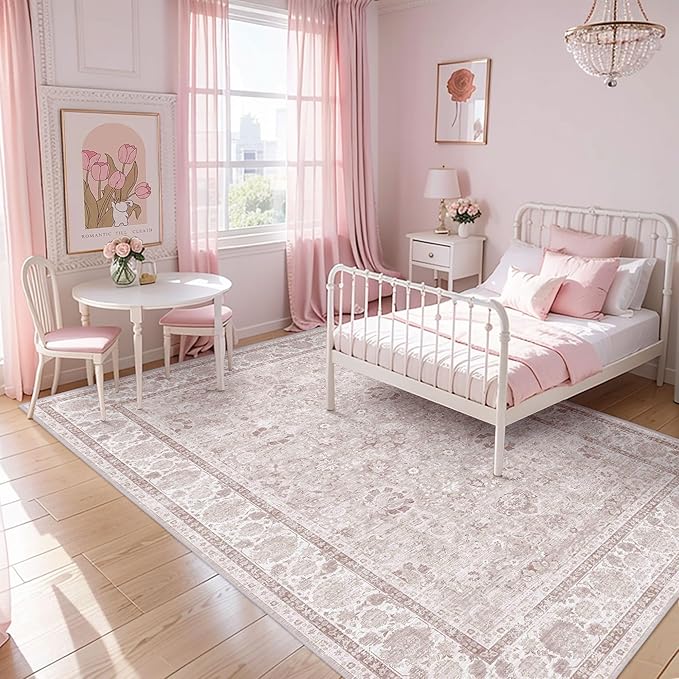 Pink Nursery Rug 5x8 Large Area Rugs for Living Room Vintage Rug Boho Floral Washable Area Rugs Indoor Carpet for Bedroom Dining Room Kids Room