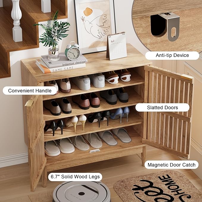 Shoe Cabinet with 2 Doors and Shelves, 4-Tier Shoe Cabinet Storage