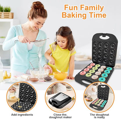 2025 Mini Donut Maker Machine for Home, Kid-Friendly 16-Hole Electric Doughnut