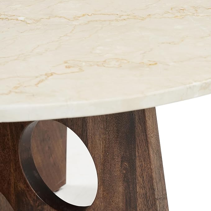 TUP THE URBAN PORT Kali Coffee Table | 27" Natural Round Marble Tabletop | Dark Brown Mango Wood Sculptural Base