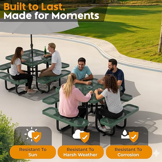 Metal Picnic Tables for Outdoors with Umbrella Hole - Coated Steel Heavy Duty Commercial Grade Furniture with Adjustable Seats (Green, 38 in, Square)