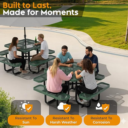 Metal Picnic Tables for Outdoors with Umbrella Hole - Coated Steel Heavy Duty Commercial Grade Furniture with Adjustable Seats (Green, 38 in, Square)