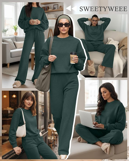 Sweetyweee Women's 2 Piece Outfits Set Fleece Lined Lounge Sweatsuit Crewneck Pullover Top Wide Leg Pants Casual Tracksuit