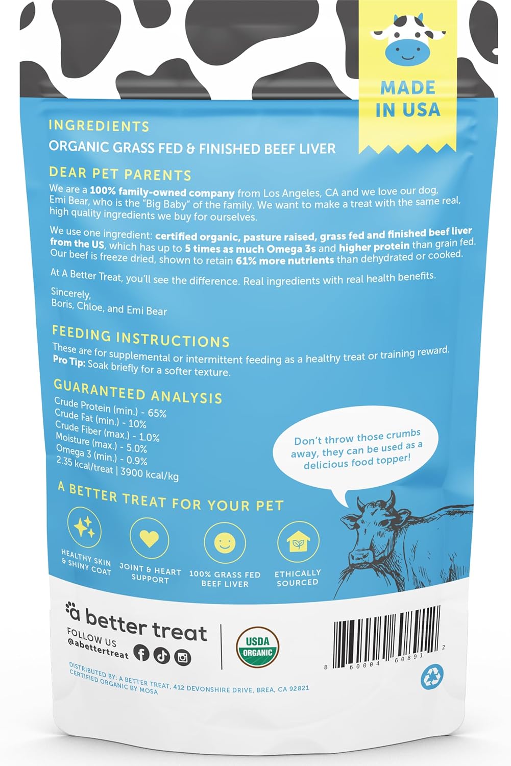 A Better Treat – Organic, Freeze Dried, Single Ingredient, 100% Grass Fed & Finished, Pasture Raised Beef Liver Dog Treats, Cat Treats | Natural Healthy | High Protein, Diabetic Friendly | Made in USA