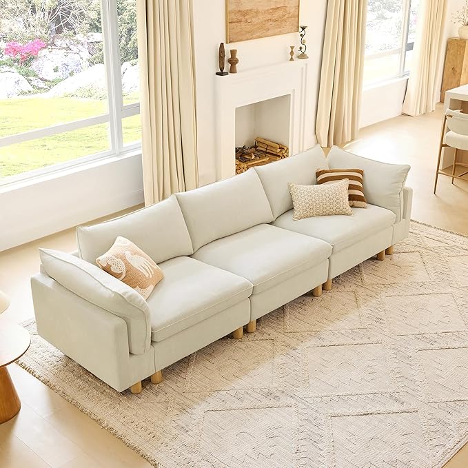 CHITA 127" Super Large Sectional Couches for Living Room, Modular Cloud Couch Sectional Sofa, Premium Fabric Couches, Down Filled, High Density Foam, Chenille in Cream, 3 Seater