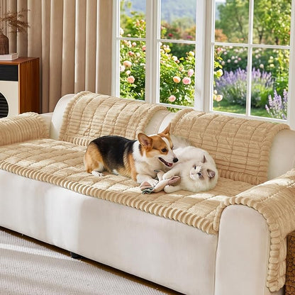 FUANGUI Waterproof Couch Cover Sofa Cover for Dogs and Pets Sofa Protector | Non-Slip Washable Fuzzy Soft Cat Bed Sofa Slipcover for 2-3 Cushion Couch Sofa Pet Friendly, Khaki, 27.6" x 82.7", 1 pcs
