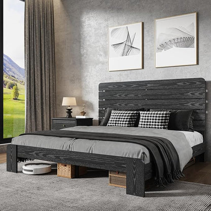 King Size Wooden Bed Frame with Headboard, Industrial Platform Bedframe with Wood Slat Support, Sturdy and No Noise, Easy Assembly (Black, King)