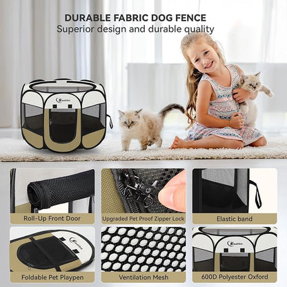 Siedihit Dog Cat Playpen, Small Puppy Pet Playpen, Dog Crate Tent Cage | Indoor/Outdoor, Portable Pop Up Dogs Kennel Playpen with Carrying Case for Dogs/Cats/Rabbits(Khaki, Small )
