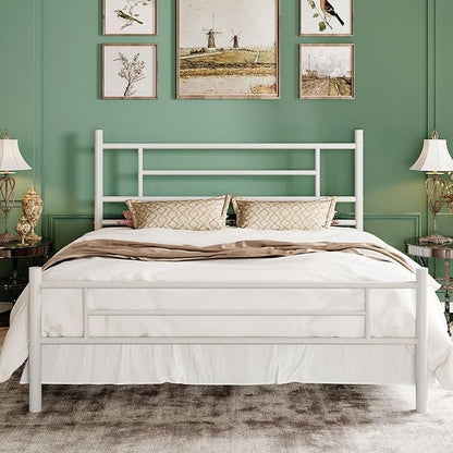 SHA CERLIN 14 Inch Full Size Metal Bed Frame with Iron-Art Headboard and Footboard,Under Bed Storage Space,Platform Bed with Metal Slats Support,Easy Assembly,Noise Free,No Box Spring Needed,White