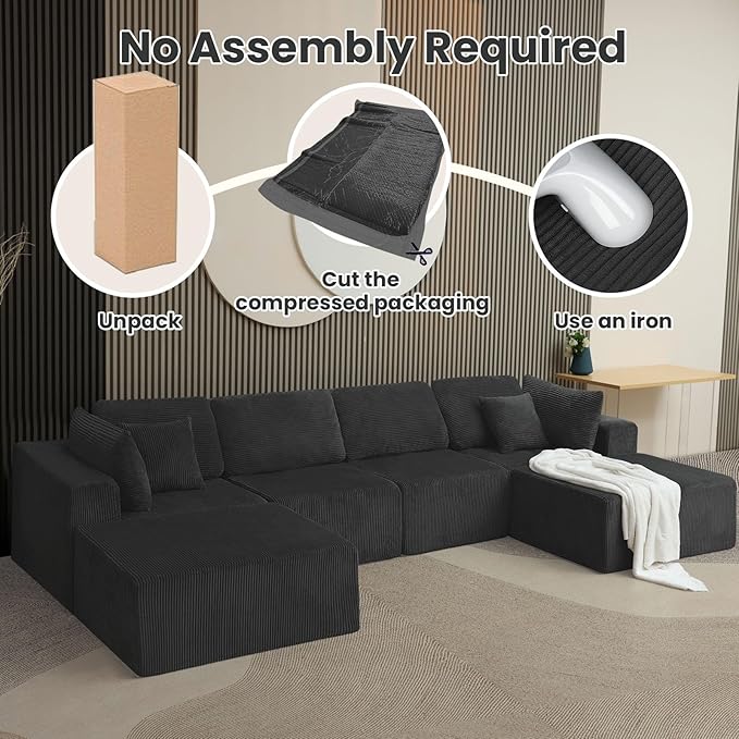Oversize 131” Boneless Couch for Living Room, Comfort U Shaped Cloud Couch Sectional, Extra Deep Seats Corduroy Modular Sectional Sofa No Assembly,Black