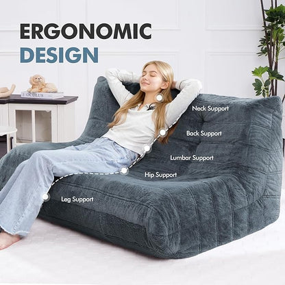 Bean Bag Loveseat Chair Big Sofa Beanbag Chair for Adults Fireside Chair Bean Bag Lounger with Memory Foam Filled for Home,Apartment or Gaming Venue（Grey Plush）