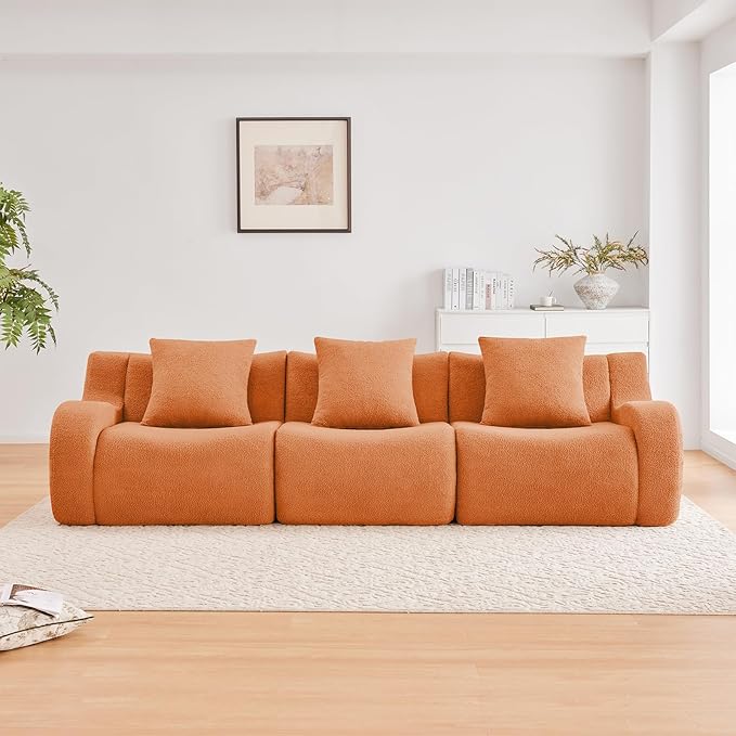 Orange 3-Seater Cloud Couch, Modern Teddy Fabric Boneless Sectional Sofa in a Box for Living Room, Modular Floor Couch, Deep Seat, No Assembly Required, Sofas para Sala
