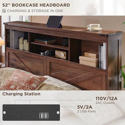 ACCOHOHO Farmhouse Queen Size Bed Frame with 52" Tall Storage Headboard and LED Light,Wood Platform Bed Frame with 4 Drawers and Charging Station,Solid Wood Slats Support,No Box Spring Needed,Brown
