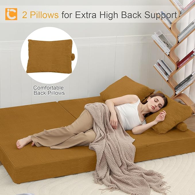COMAX Convertible Sofa Bed, Folding Floor Couch Corduroy Fold Out Couch Bed Futon Sleeper Mattress with Pillows, Boneless Sofa Comfy Lounge Loveseat for Living Room Bedroom, Yellow