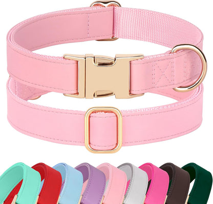 PET ARTIST Soft PU Leather Dog Collar, Bright & Classic Pink Dog Collar with Quick Release Rose Metal Buckle, Adjustable Nylon Padded Durable Pet Collars for Small Dogs Girl, Neck Fit 9-14"