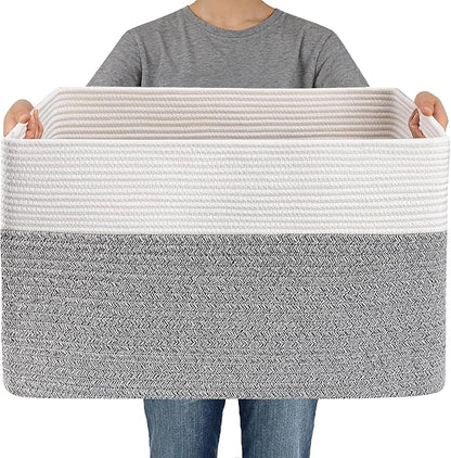 Woven Blanket Basket,65L Large Storage Bin for Blankets Toys Clothes,Decorative Rope Basket for Living Room Bedroom with Handles, White&Grey