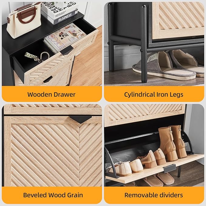 Shoe Cabinet Storage with 2 Flip Drawers, Narrow Hidden Shoes Organizer Cabinet