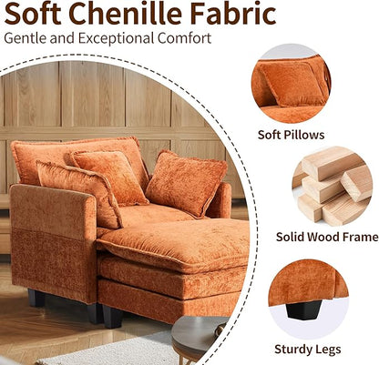 SweetGO corporation 40" Chenille Lounge Chair for Reading, Modern Couch Cozy Sofa Bed, Upholstered Living Room Single Sofa Accent Chair with Ottoman, Orange
