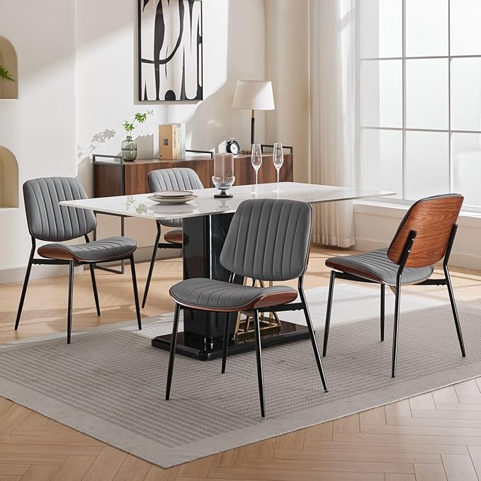 YaFiti Dining Chairs Set of 4, Mid Century Modern Accent Dining Room and Kitchen Chairs, Upholstered PU Leather Vertical Stripe Chairs for Vanity with Walnut Bentwood and Metal Legs, Gray