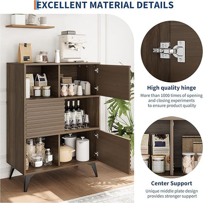 IDEALHOUSE Fluted Cabinet with Sliding Doors, Modern Wooden Storage Cabinet