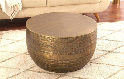 Modern Round Aluminum Hammered Embossed Texturing Metal Drum Coffee Table, Hand-Stamped Iron, Boho Accent Cylinder Drum Coffee Table, Cocktail Table, for The Living Room and Bedroom, Brass