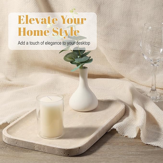 Koville Romano Travertine Tray, 12"x8" Natural Stone Vanity Tray for Countertop Bathroom Kitchen Dresser, Decorative Marble Catchall Trays for Perfume Jewelry, Rectangular Serving Tray(Beige)