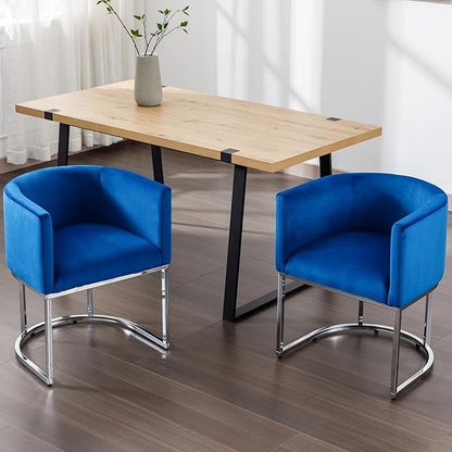 VESCASA Velvet Upholstered Dining Chairs with Barrel Back, Mid Century Modern Padded Restaurant Chairs with Chrome Metal Frame for Kitchen, Dining Room, Set of 2, Blue