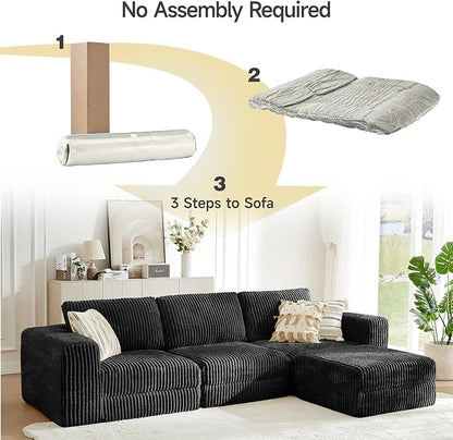 ONBRILL 110" Modular Sectional Sofa,L Shaped Couch 4 Seater with Sleeper Chaise, Sectional Couch with Deep Seat,Upholstered Corduroy Cloud Couches for Living Room,Bedroom,No Assembly Required,Black