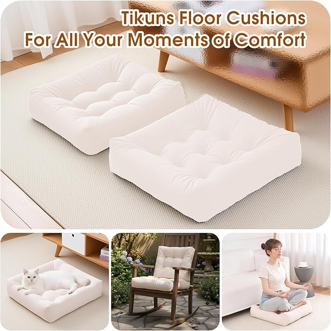 Tikuns 4Pcs Floor Pillows for Adults, 22x22 Inch Meditation Cushions, Large Square Sitting Cushion Living Room Memory Foam Pillow for Sitting (4, Beige, 22x22x4 Inch)