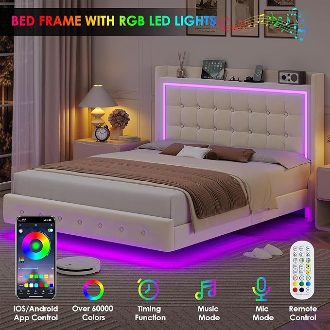 Keyluv Upholstered Queen Floating Bed Frame with RGB LED Lights and Charging Station, Velvet Platform Bed with Button Tufted Storage Headboard, Type-C & USB Charging Ports, No Box Spring Needed, Beige