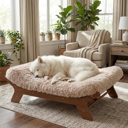 Elevated Wood Dog Bed Frame Mat Set, WalnutPattern, Large | Raised Sturdy Attractive Dog Sofa Couch Furniture, 80 lb