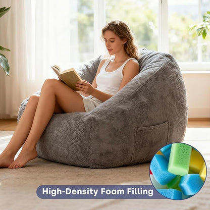 SUNBURY 47.2" Length L-Shaped Bean Bag Chair with Arms, Memory Foam Filled Floor Sofa with Handle & Side Pocket, Plush Faux Fur Chair for Adults, Living Room & Game Room (Gray)