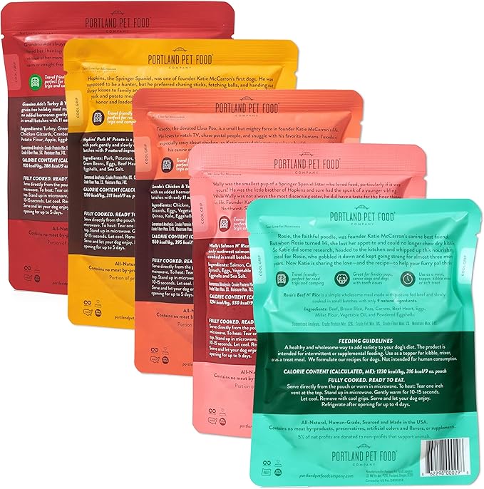 Portland Pet Food Company Fresh Dog Food Pouches - Human-Grade Topper Mix-Ins & Wet Pet Meals - Small & Large Breed Puppy & Senior Dogs - Gluten-Free Meal Toppers, Made in The USA - 5 Pack Variety