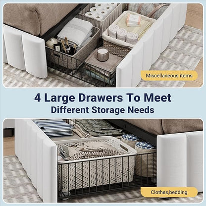 Allewie Queen Size Platform Bed Frame with 4 Large Storage Drawers, Velvet Vertical Channel Tufted Upholstered Bed Base, Wooden Slats Support, Noise-Free, No Box Spring Needed, Easy Assembly, White