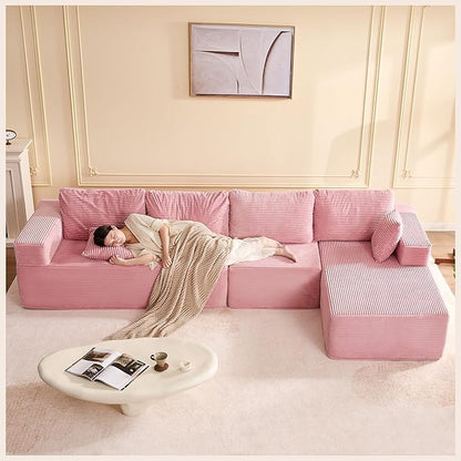 138" Boneless Couch with Deep Seat, Modular Sectional Sofa, Cloud Sectional Couch for Living Room, No Assembly Required, Corduroy, 4 Seater L-Shape Right, Pink