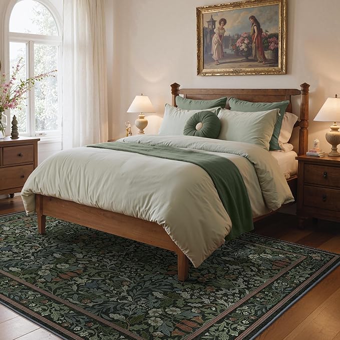 GENIMO 5x7 Washable Area Rug, Non-Slip Vintage Boho Floral Carpet, Soft Low-Pile Thin Bedroom Rug for Living Room, Dining Room, Nursery, Dark Green