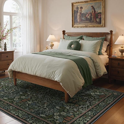 GENIMO 5x7 Washable Area Rug, Non-Slip Vintage Boho Floral Carpet, Soft Low-Pile Thin Bedroom Rug for Living Room, Dining Room, Nursery, Dark Green