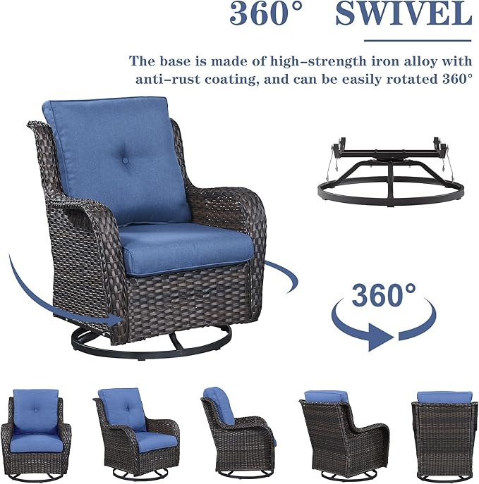 Belord 5 Piece Outdoor Patio Furniture Set - Wicker Furniture Patio Conversation Set, Outdoor Swivel Rocker Chairs with 3-Seater Sofa and 2 Ottomans for Small Space, Blue Cushion