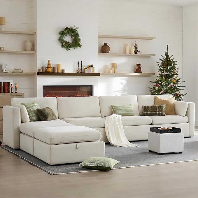 CHITA Oversized Modular Sectional Fabric Sofa Set, FSC Certified Extra Large U Shaped Couch Reversible Chaise Modular Sectional Couch, 146 inch Width, 6 Seat Modular Sofa with Storage Ottomans, Linen